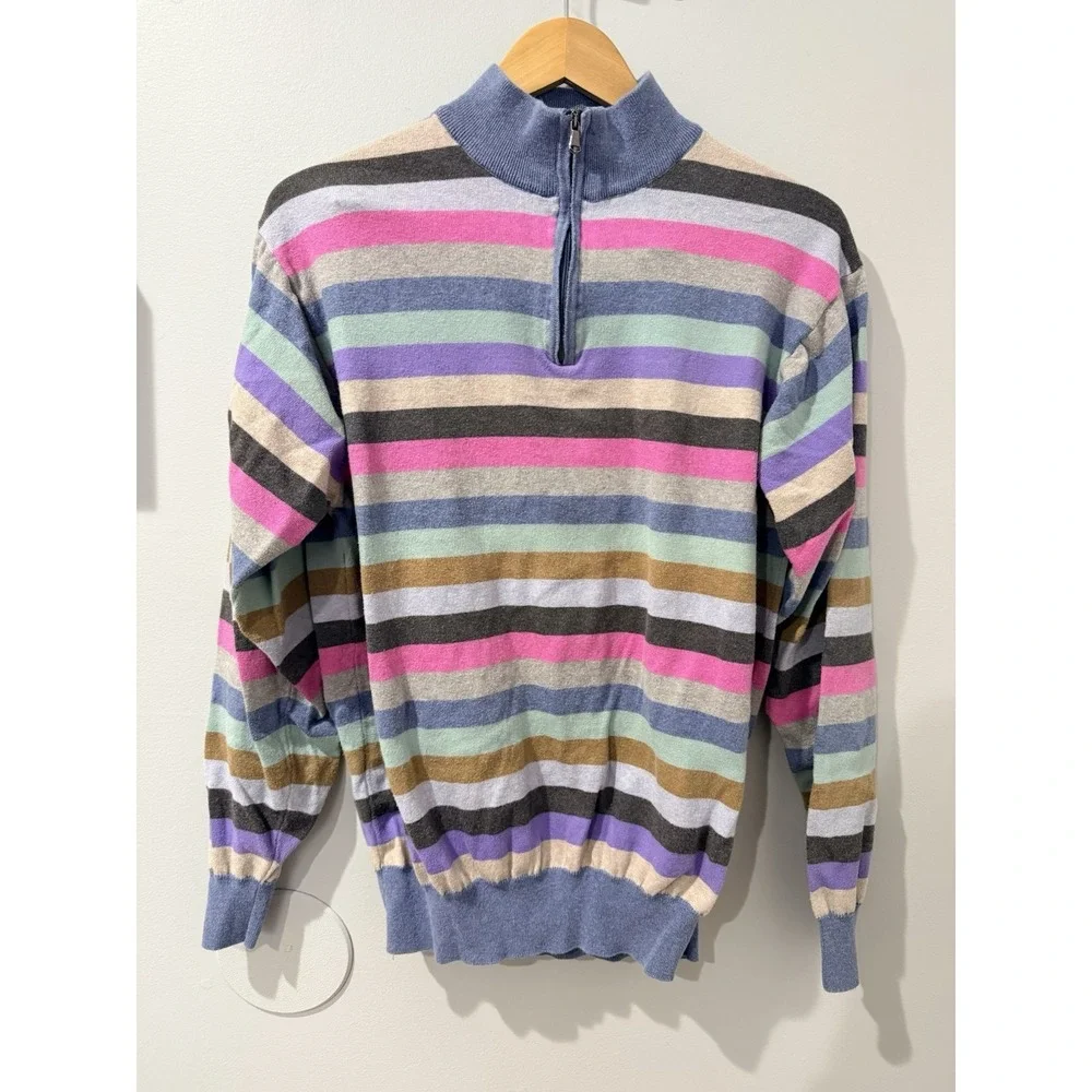 Peter Millar Men Multi-Strip Quarter Zip Sweater Size L Mens Made in‎ Italy